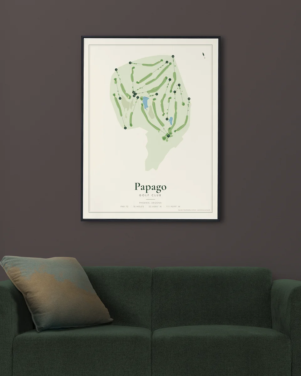 Papago Golf Club map print framed above a sofa