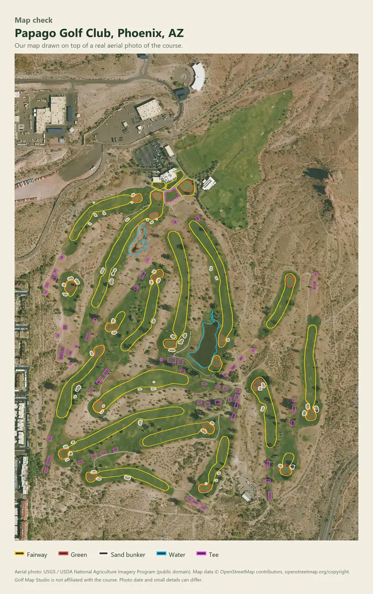 Papago Golf Club map drawn on a real aerial photo
