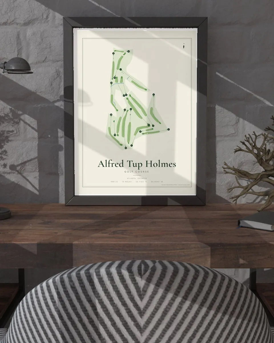 Alfred Tup Holmes Golf Course golf course map print framed on a wall