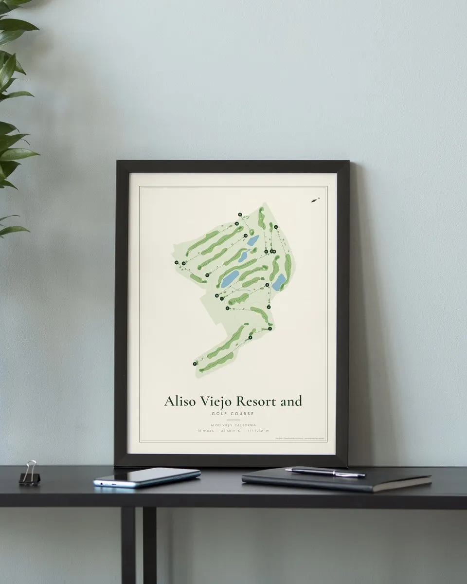 Aliso Viejo Resort and Golf Course golf course map print framed on a wall