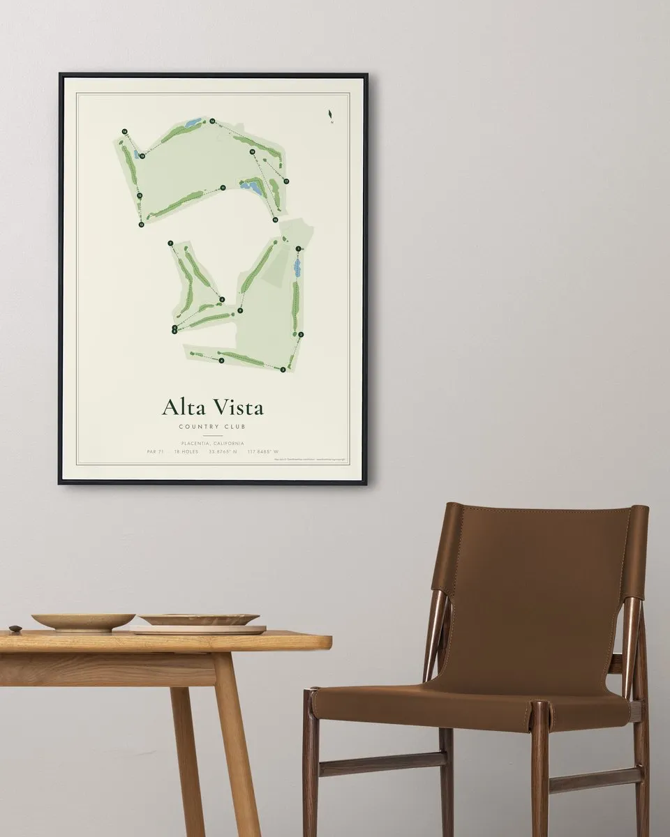 Alta Vista Country Club golf course map print framed on a wall