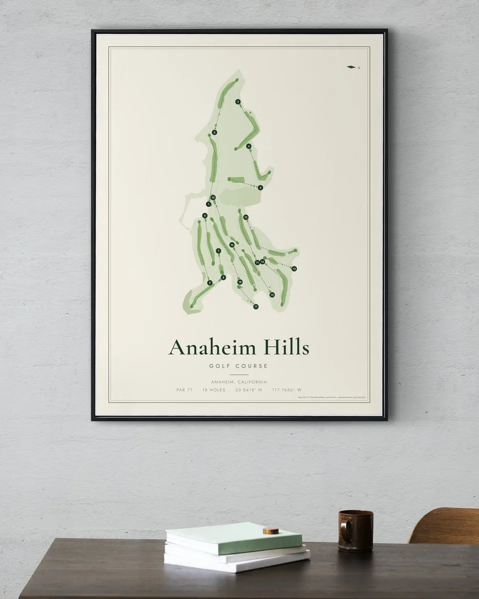 Anaheim Hills Golf Course golf course map print framed on a wall