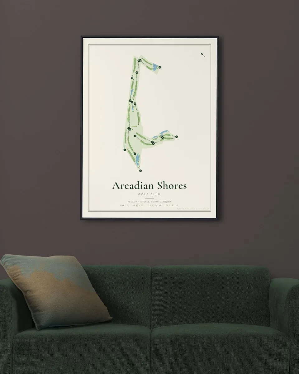 Arcadian Shores Golf Club golf course map print framed on a wall