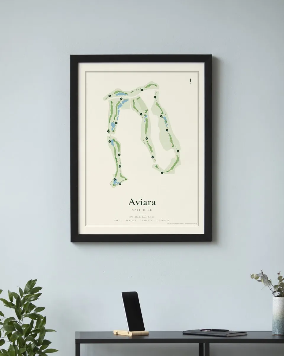 Aviara Golf Club golf course map print framed on a wall