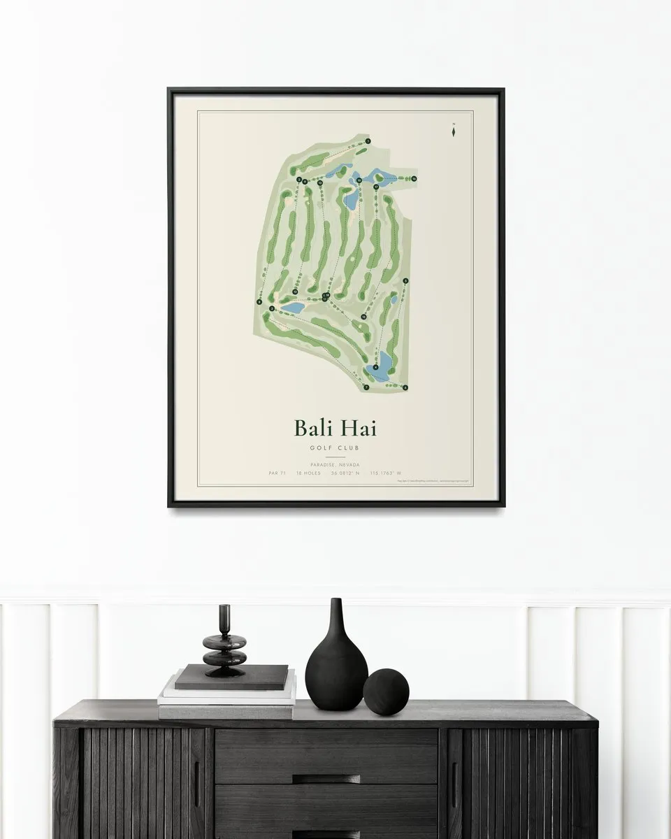 Bali Hai Golf Club golf course map print framed on a wall