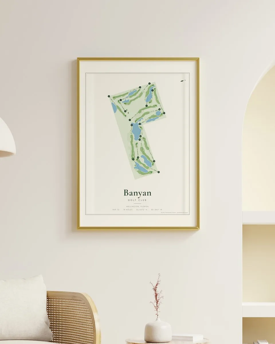 Banyan Golf Club golf course map print framed on a wall