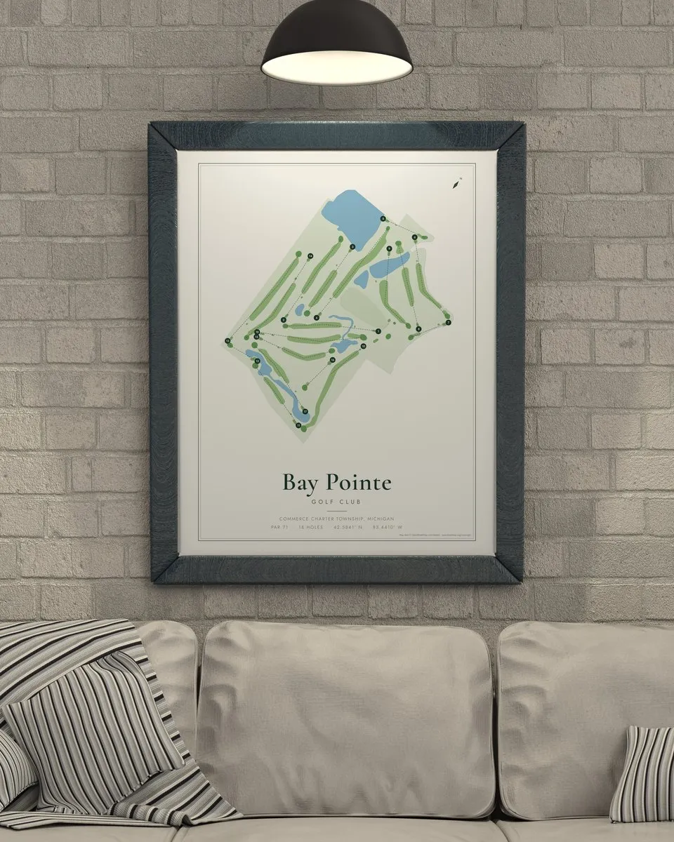 Bay Pointe Golf Club golf course map print framed on a wall