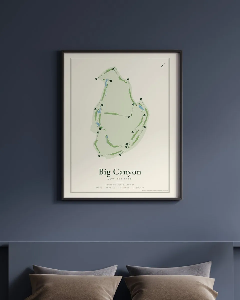 Big Canyon Country Club golf course map print framed on a wall