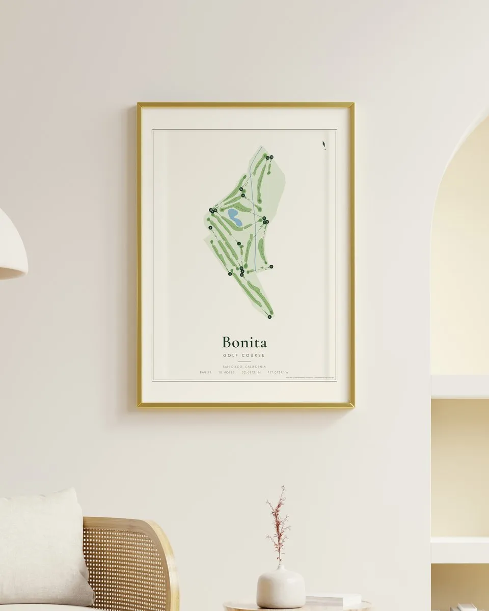 Bonita Golf Course golf course map print framed on a wall