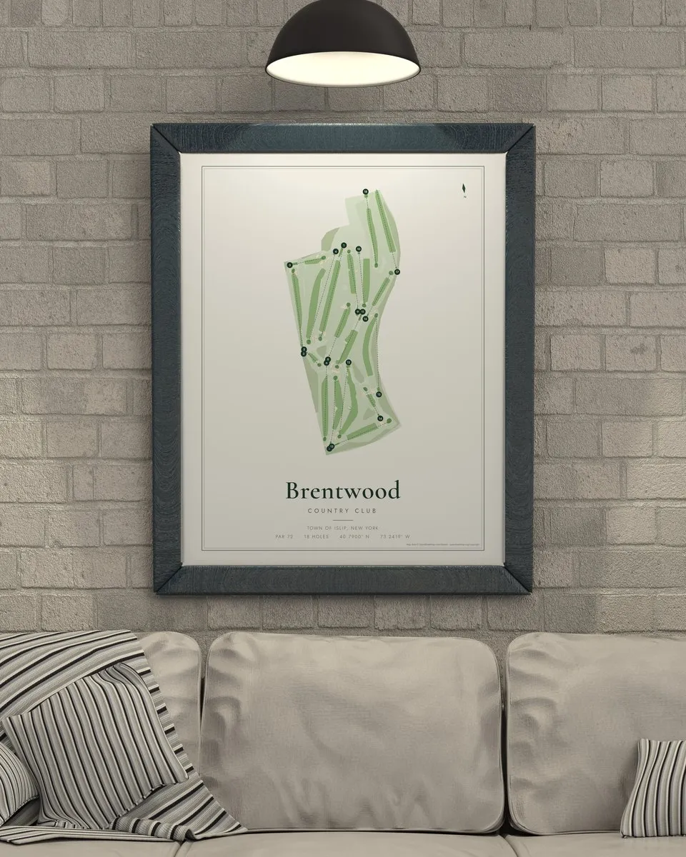 Brentwood Country Club golf course map print framed on a wall