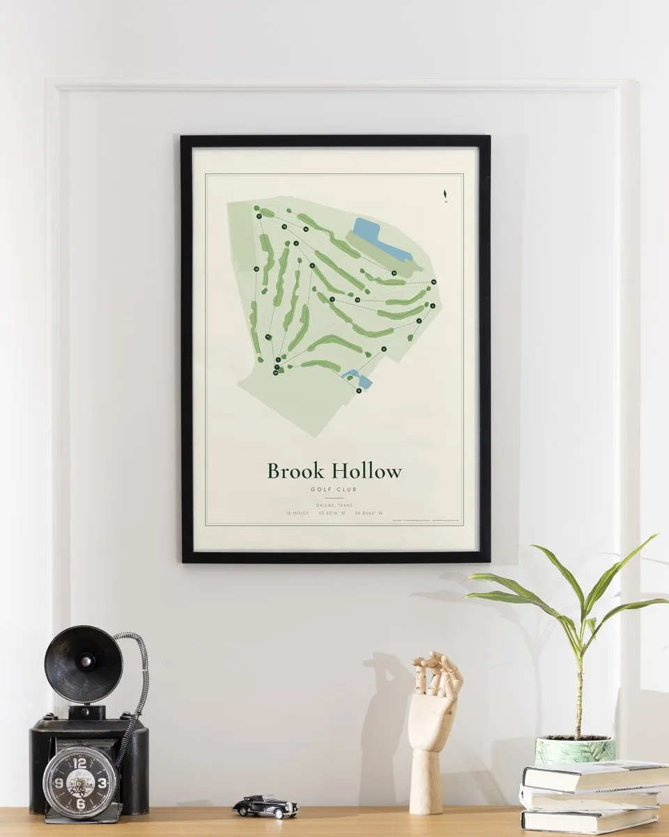 Brook Hollow Golf Club golf course map print framed on a wall