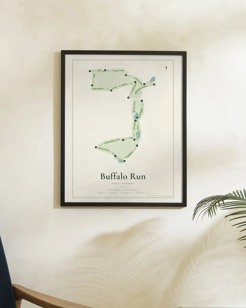 Buffalo Run Golf Course golf course map print framed on a wall