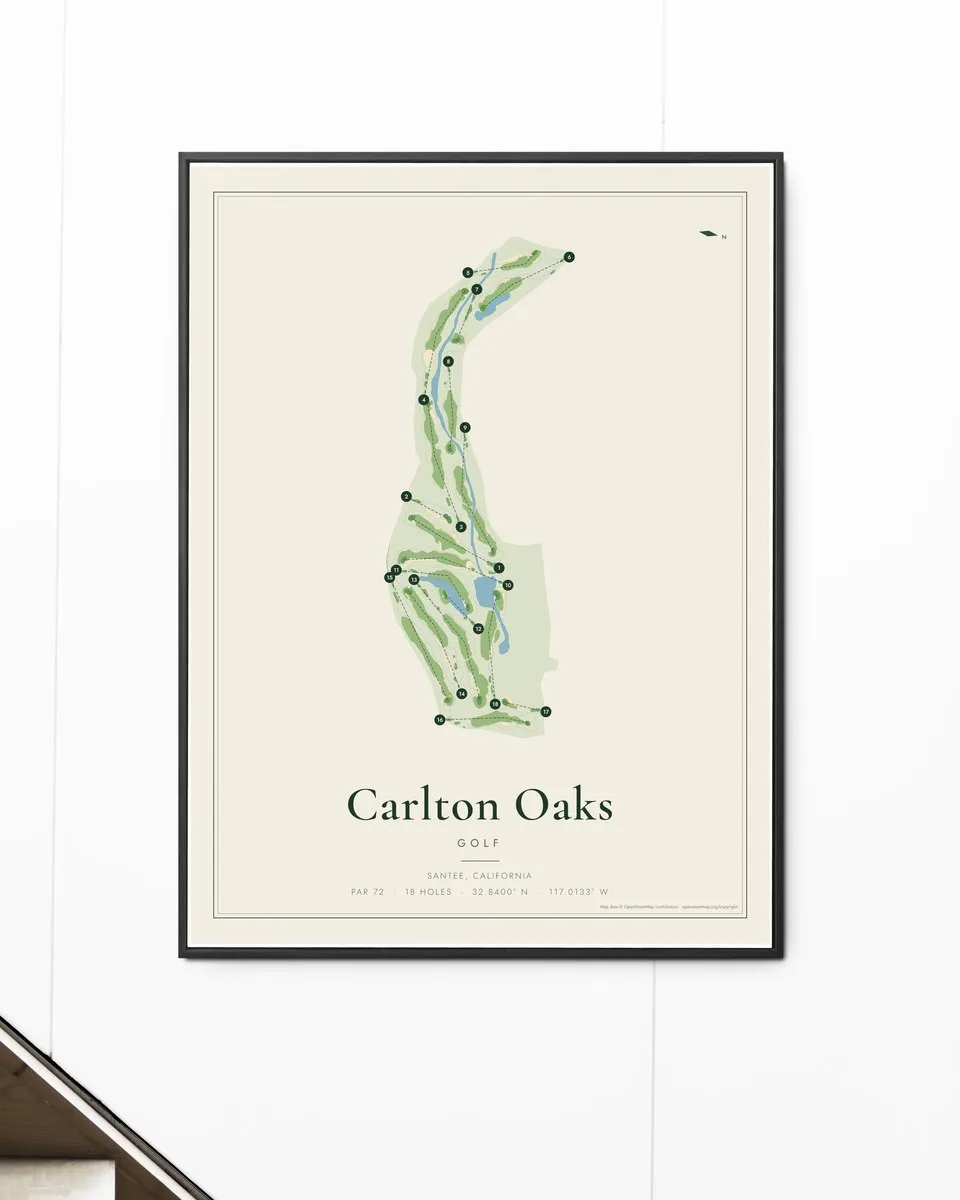 Carlton Oaks Golf golf course map print framed on a wall