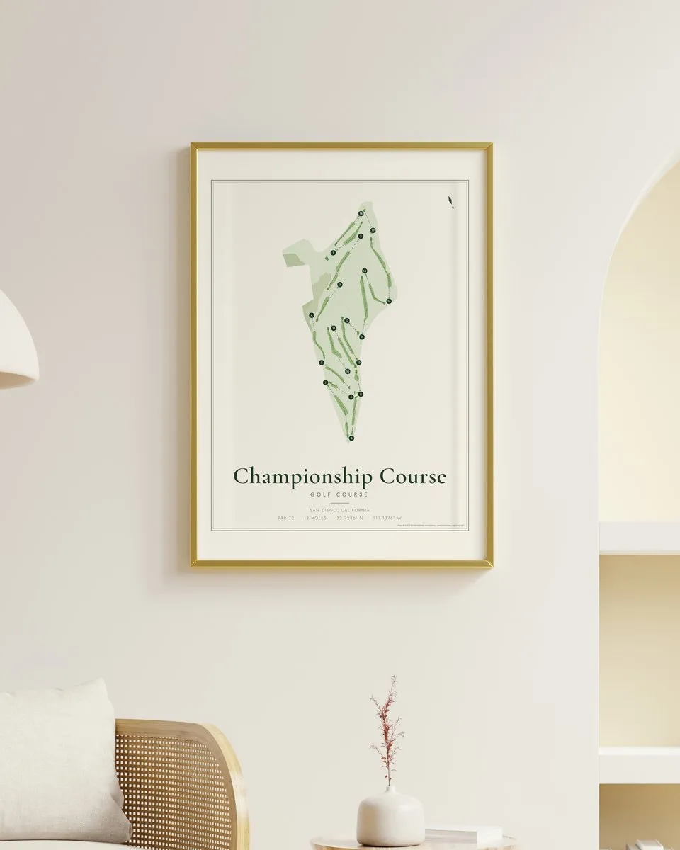 Championship Course golf course map print framed on a wall
