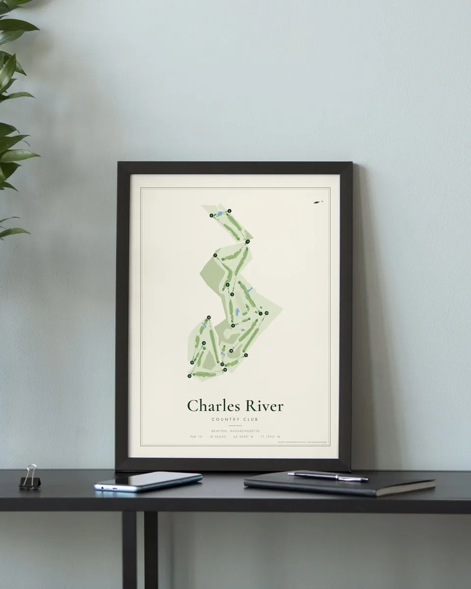 Charles River Country Club golf course map print framed on a wall