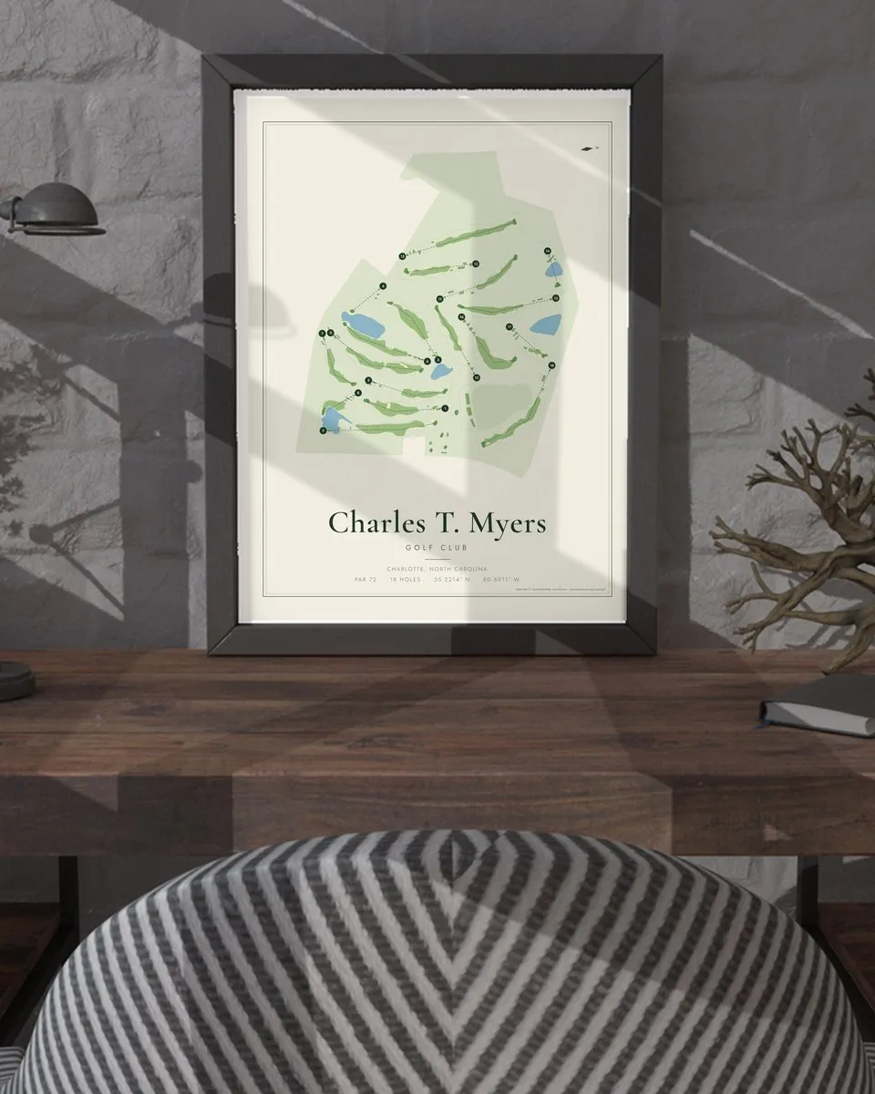 Charles T. Myers Golf Club golf course map print framed on a wall