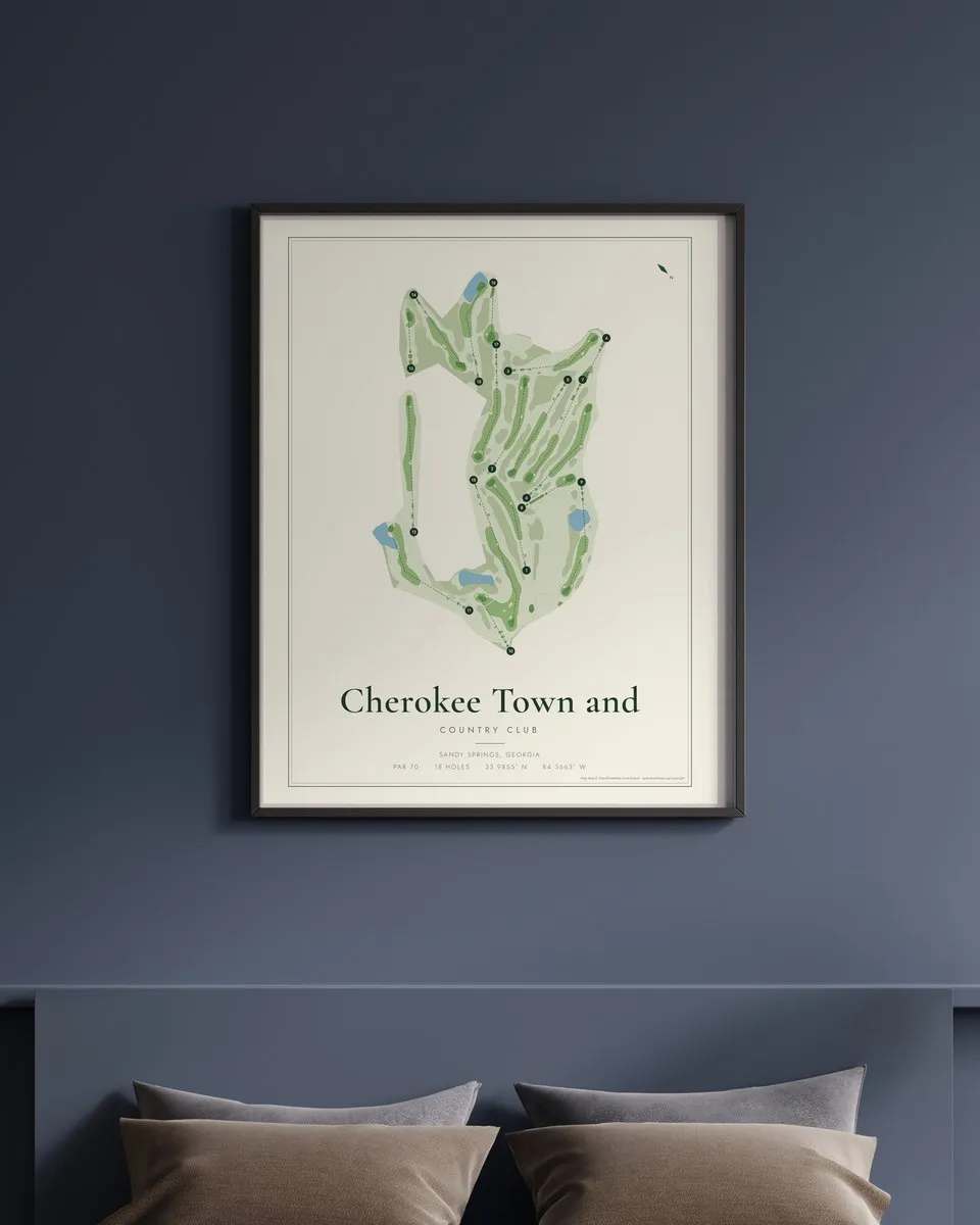 Cherokee Town and Country Club (South) golf course map print framed on a wall