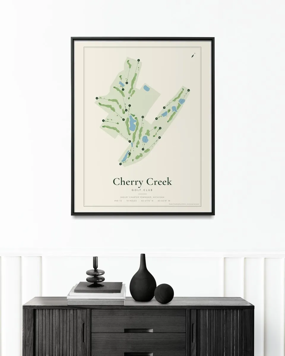 Cherry Creek Golf Club golf course map print framed on a wall