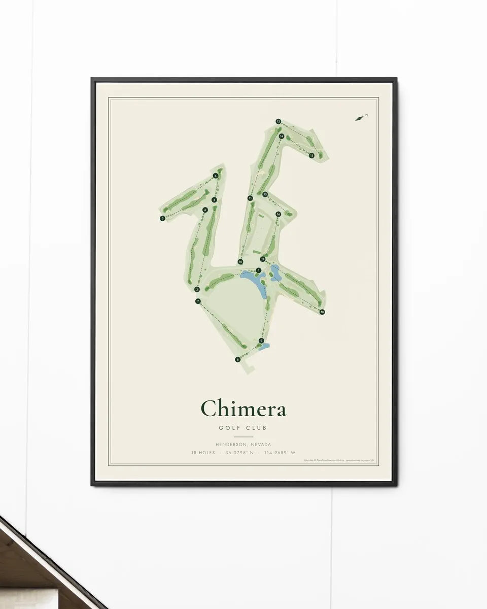 Chimera Golf Club golf course map print framed on a wall