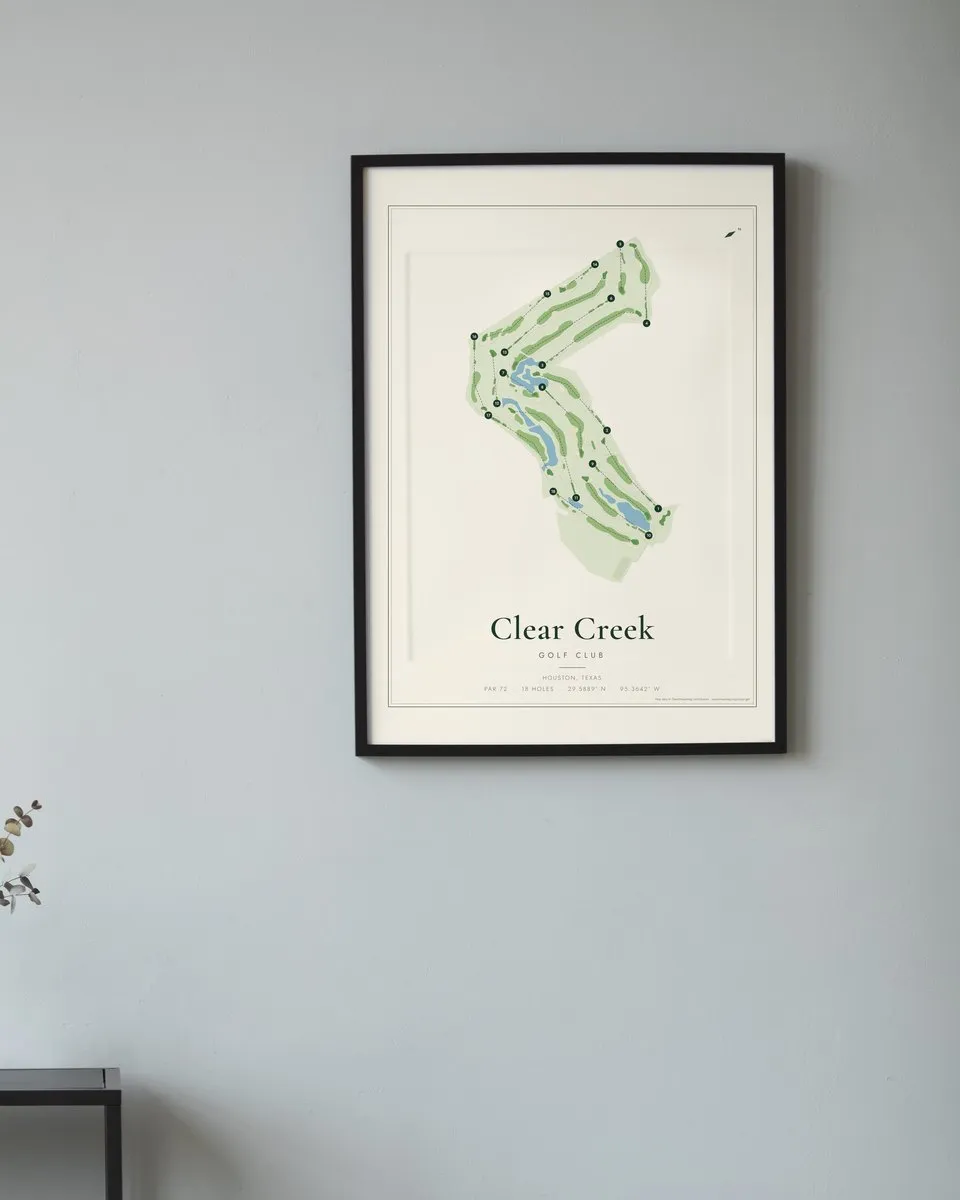 Clear Creek Golf Club golf course map print framed on a wall