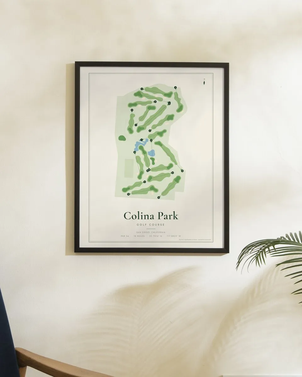 Colina Park Golf Course golf course map print framed on a wall