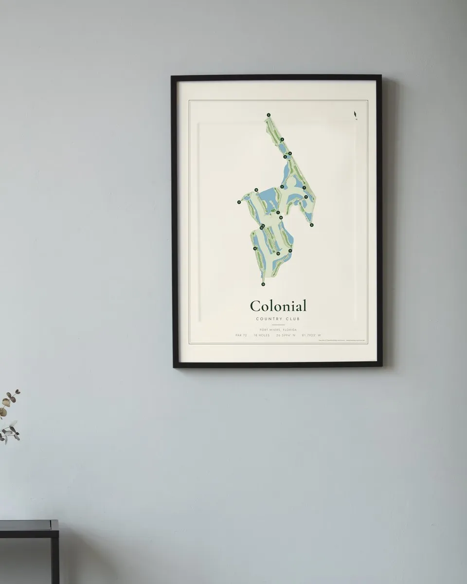 Colonial Country Club golf course map print framed on a wall