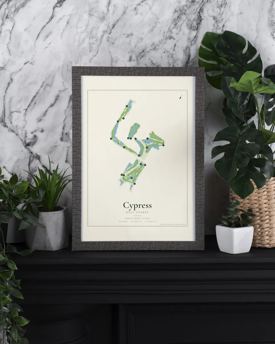 Cypress Golf Course golf course map print framed on a wall