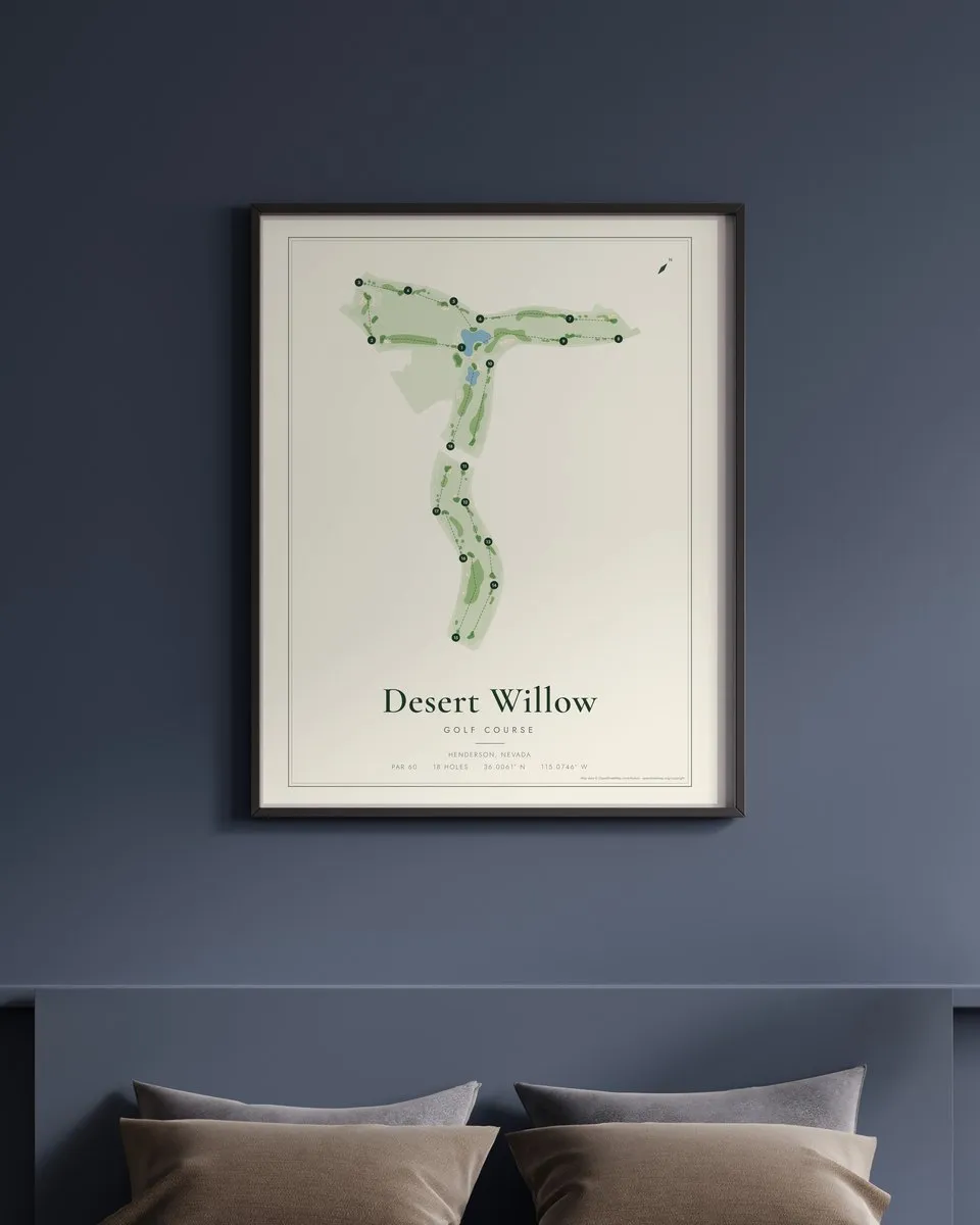 Desert Willow Golf Course golf course map print framed on a wall