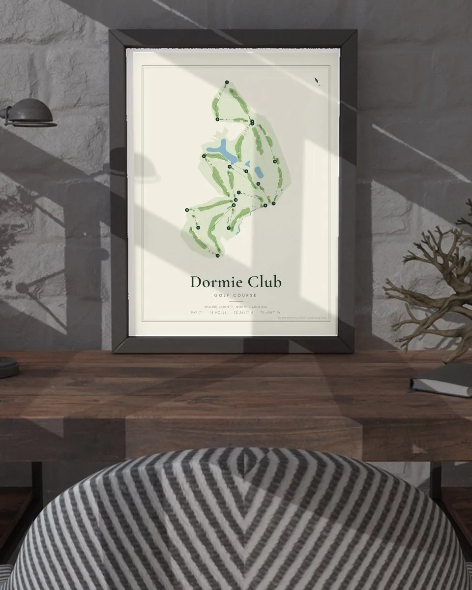 Dormie Club golf course map print framed on a wall