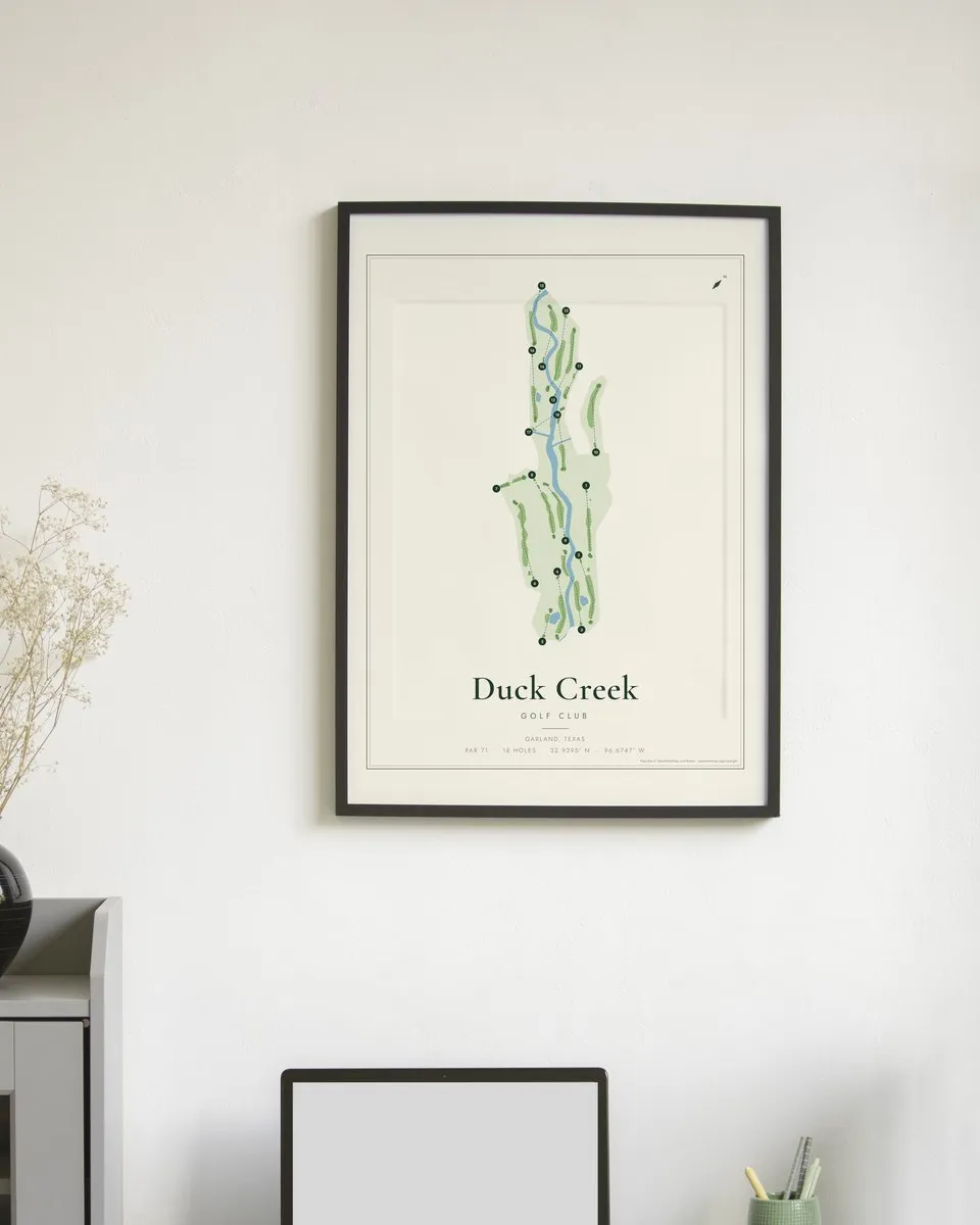 Duck Creek Golf Club golf course map print framed on a wall