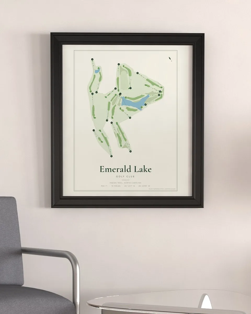Emerald Lake Golf Club golf course map print framed on a wall
