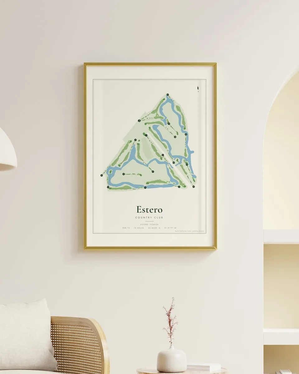 Estero Country Club golf course map print framed on a wall