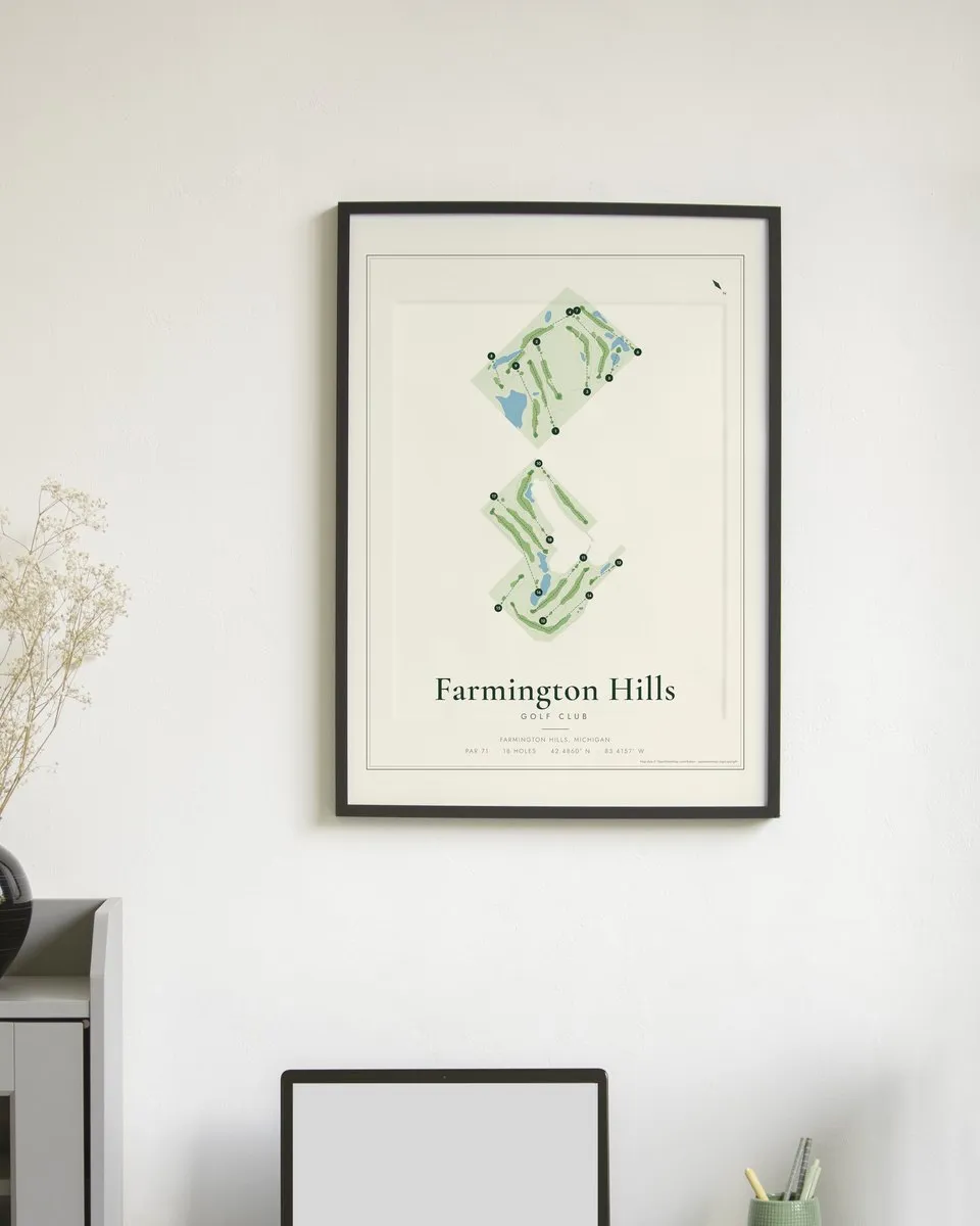 Farmington Hills Golf Club golf course map print framed on a wall