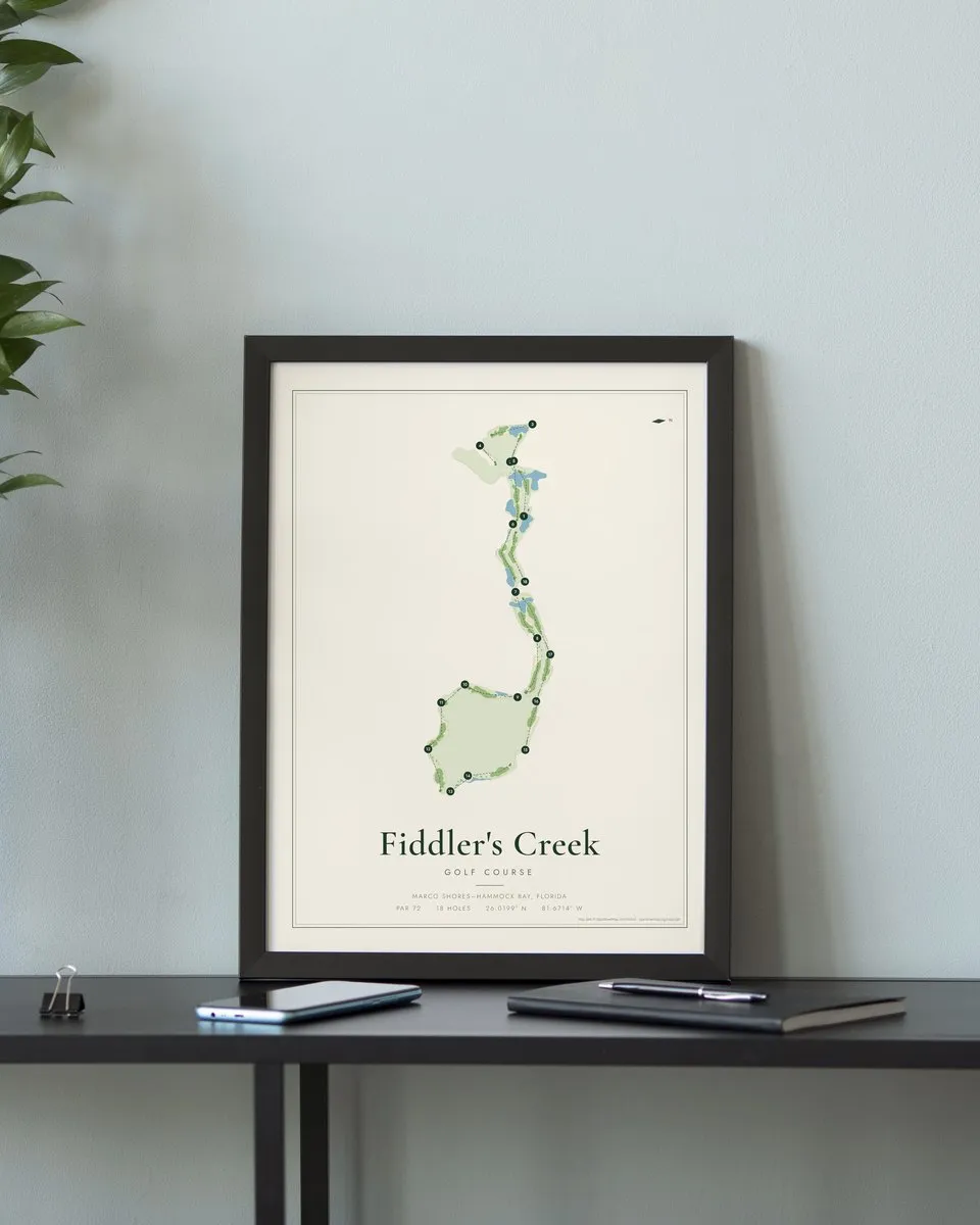 Fiddler's Creek golf course map print framed on a wall