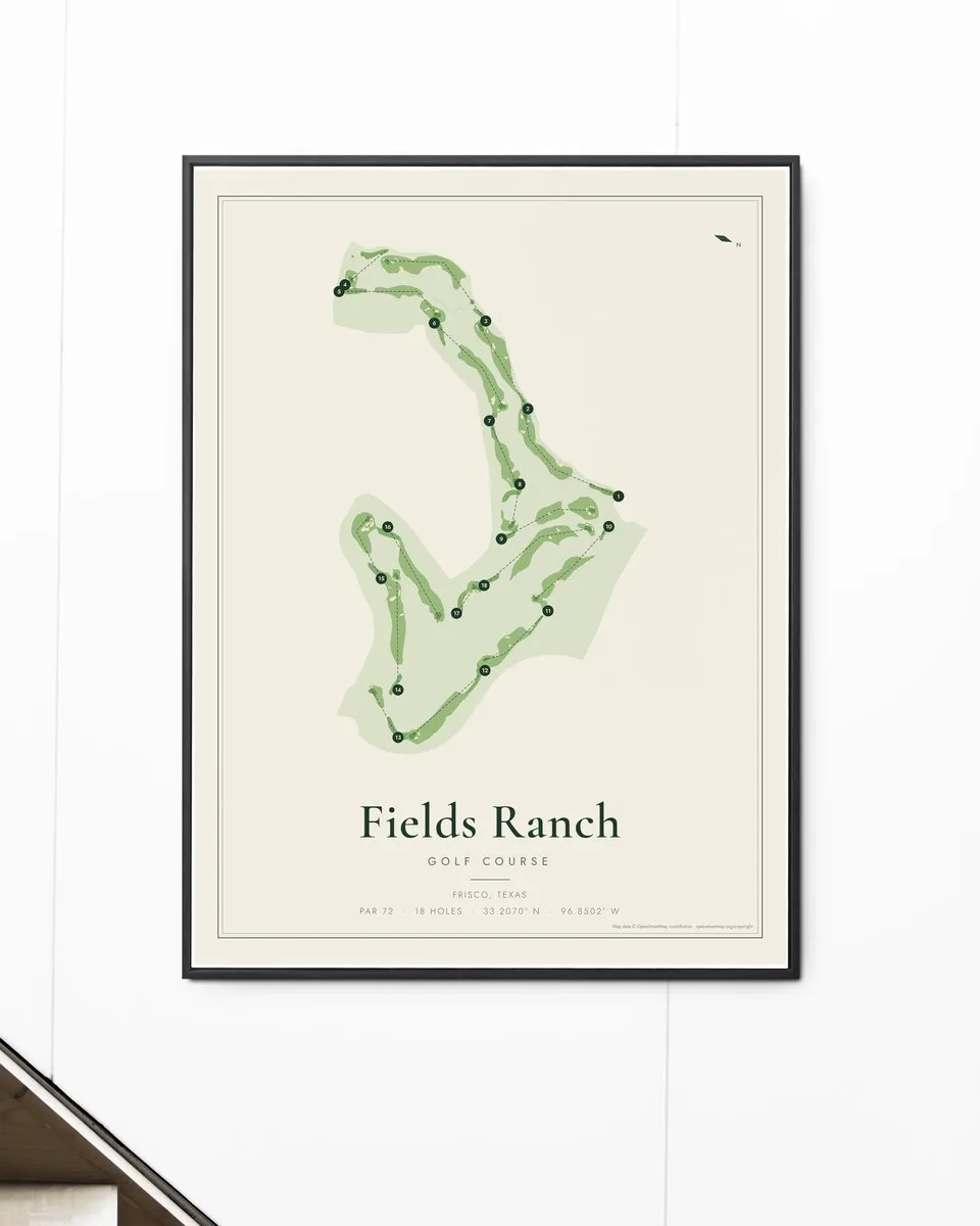 Fields Ranch - East Course golf course map print framed on a wall