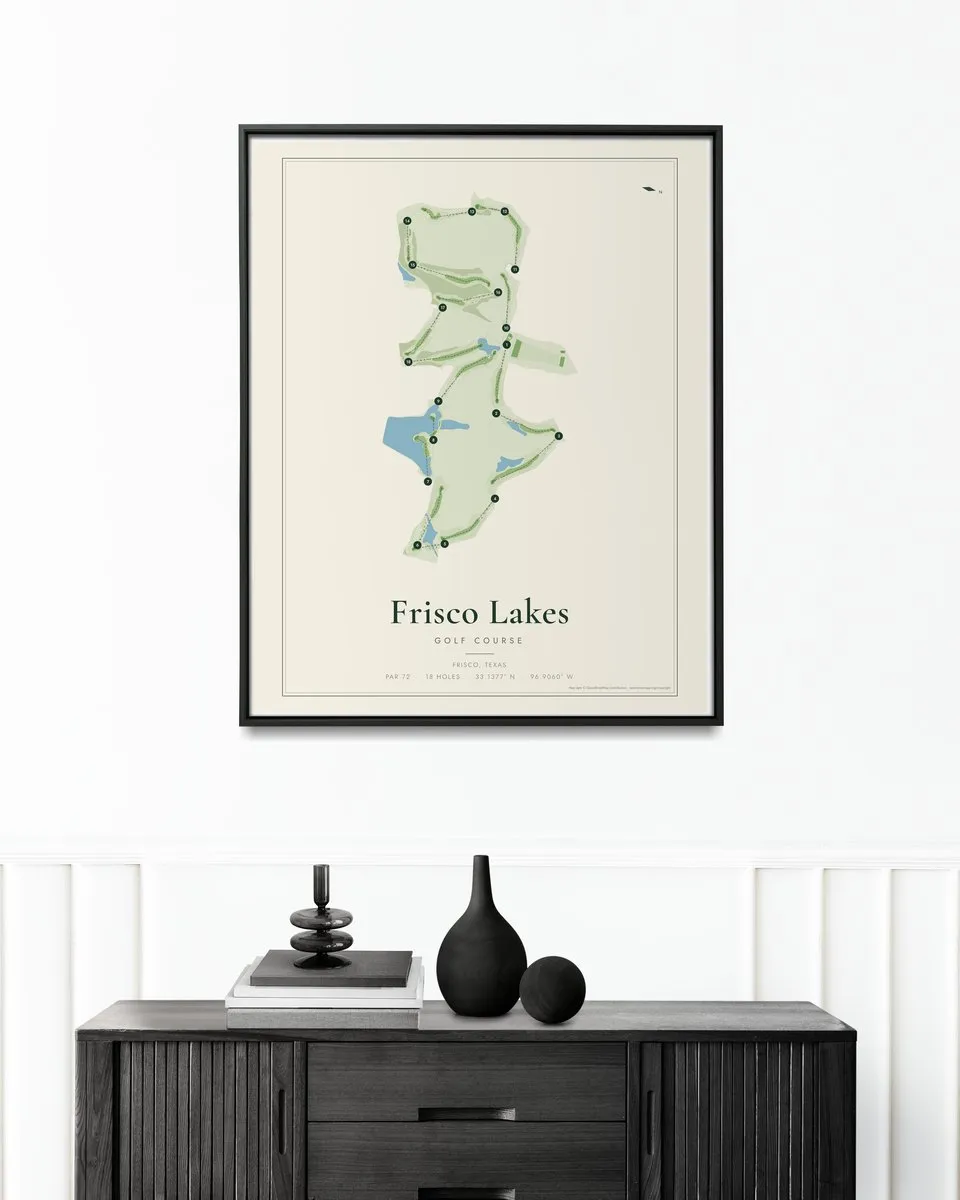 Frisco Lakes Golf Course golf course map print framed on a wall