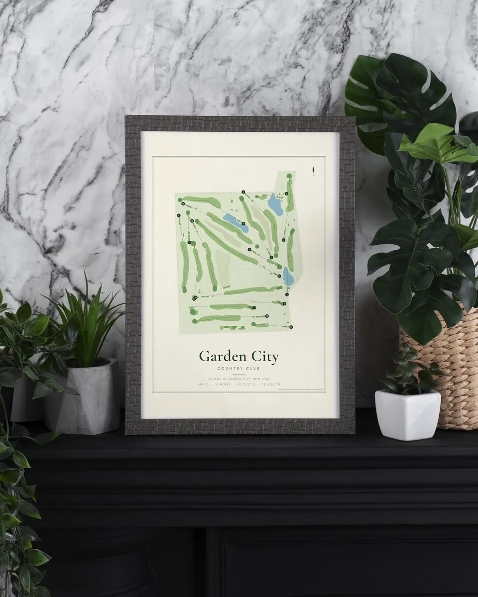 Garden City Country Club golf course map print framed on a wall