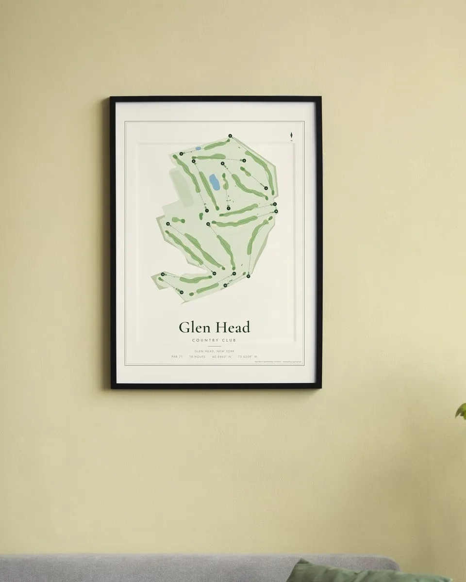 Glen Head Country Club golf course map print framed on a wall