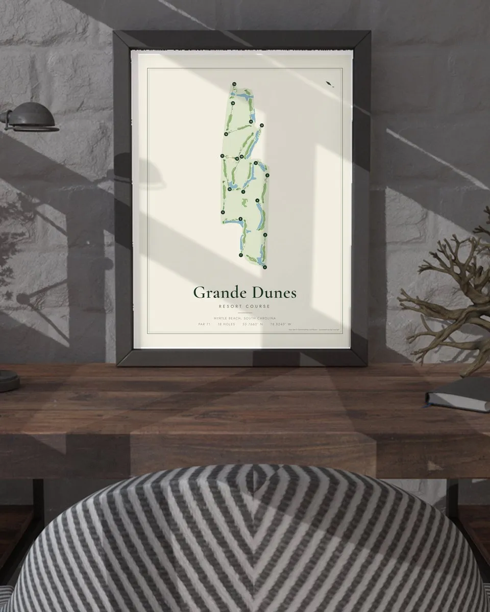 Grande Dunes Resort Course golf course map print framed on a wall