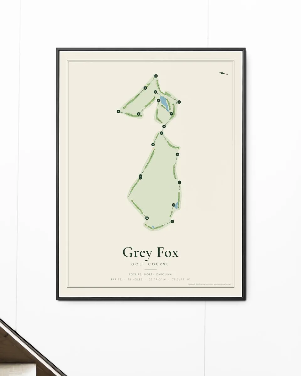 Grey Fox golf course map print framed on a wall