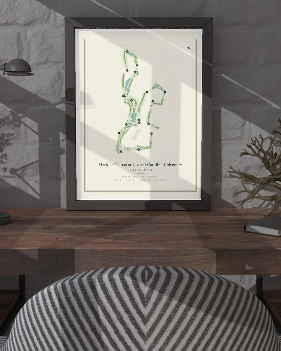 Hackler Course at Coastal Carolina University golf course map print framed on a wall