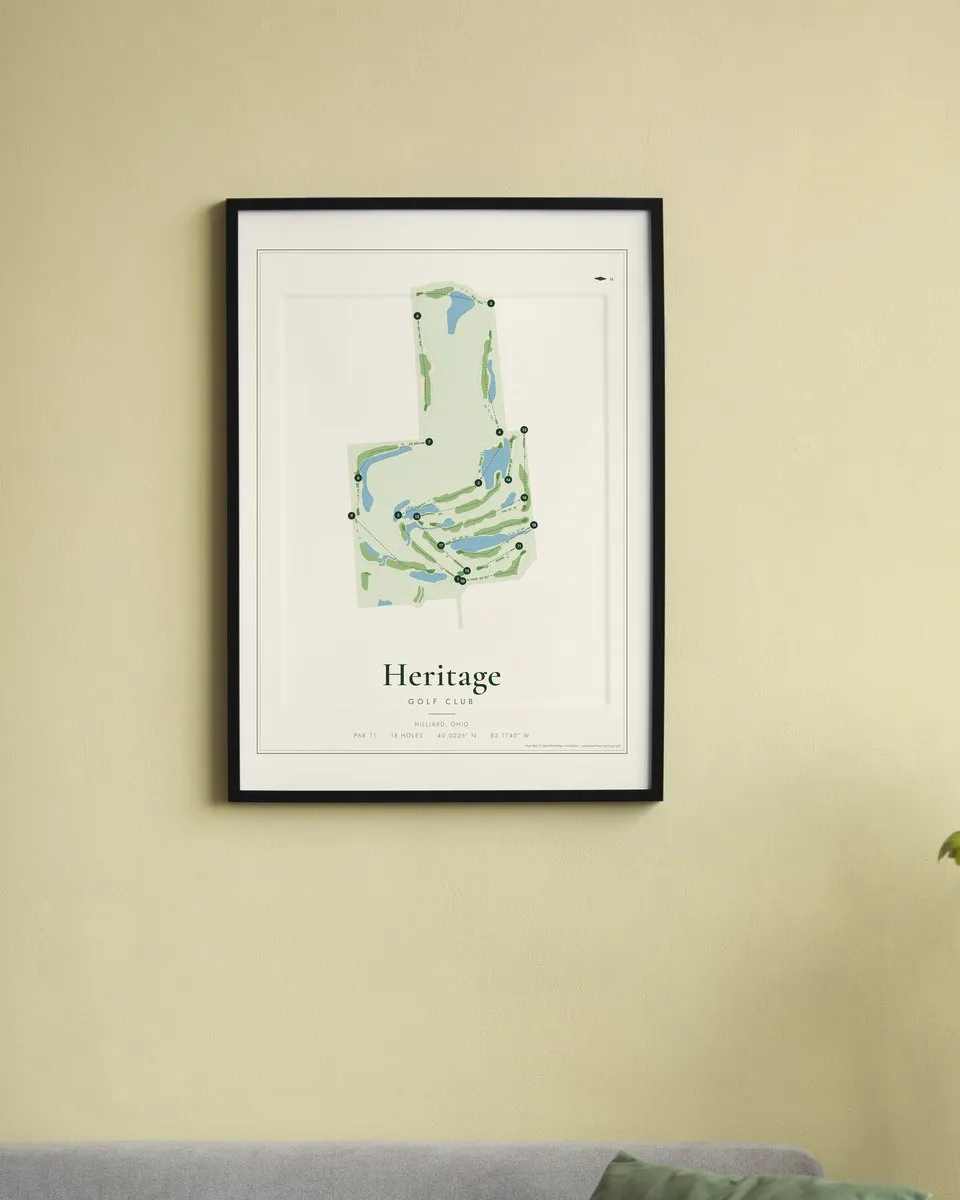 Heritage Golf Club golf course map print framed on a wall