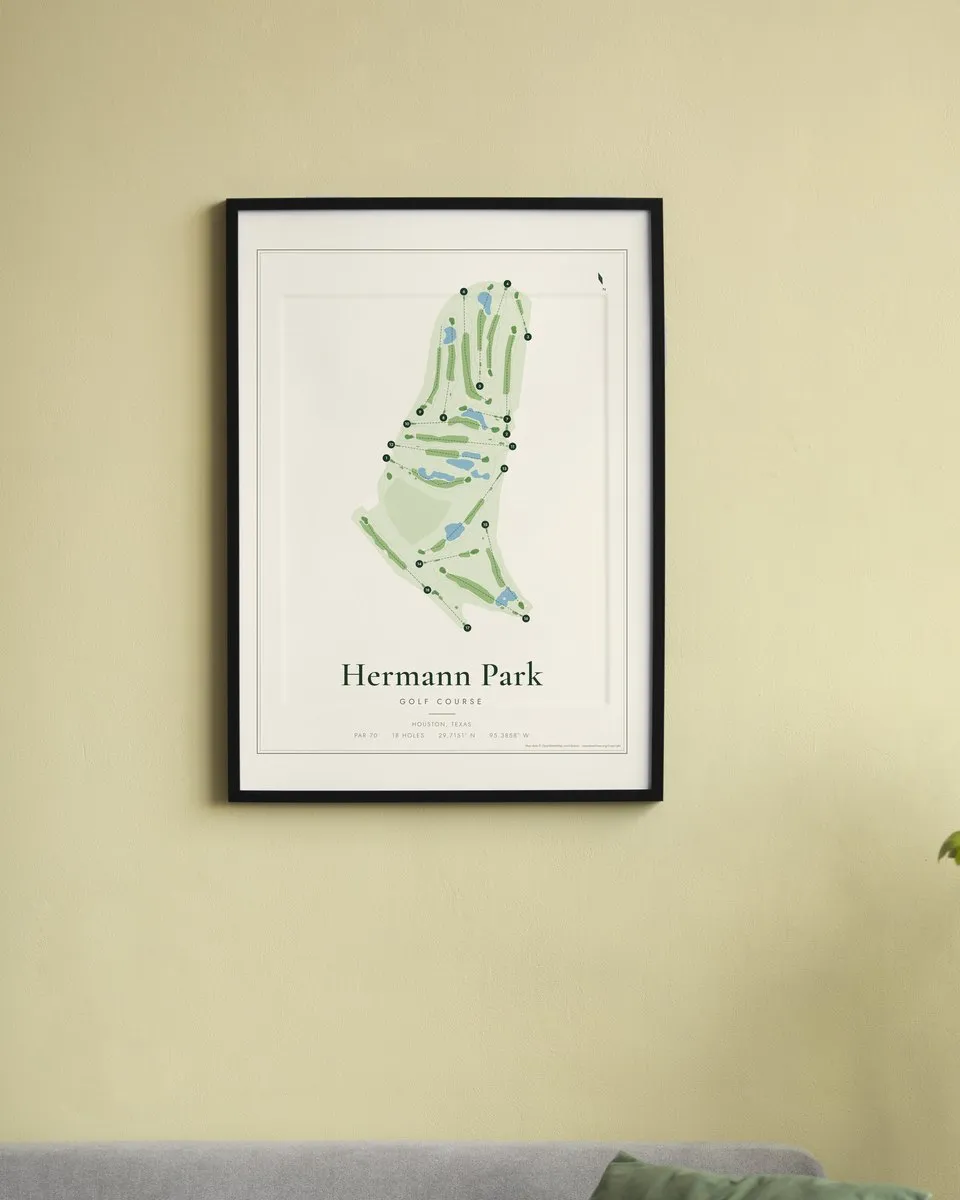 Hermann Park Golf Course golf course map print framed on a wall