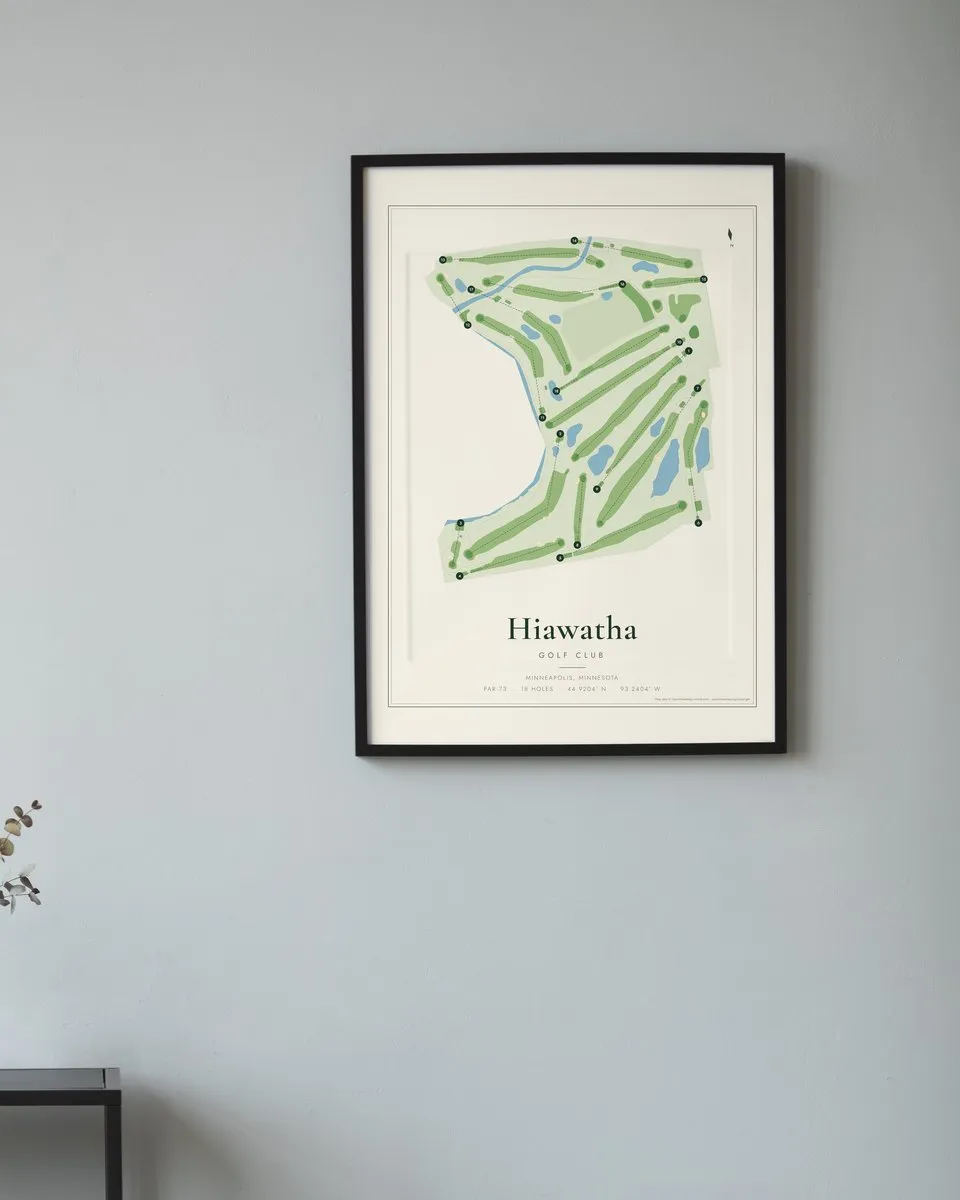 Hiawatha Golf Club golf course map print framed on a wall