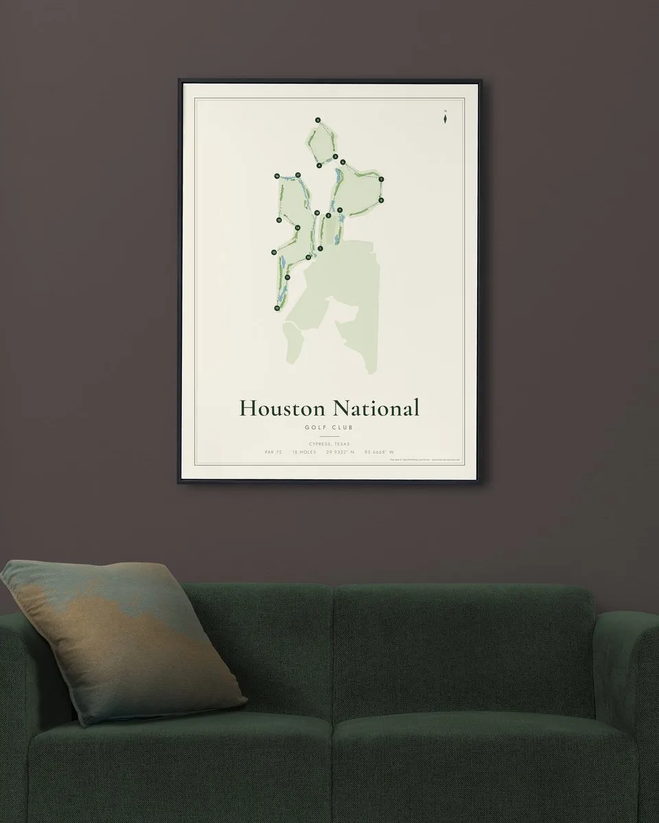 Houston National Golf Club golf course map print framed on a wall