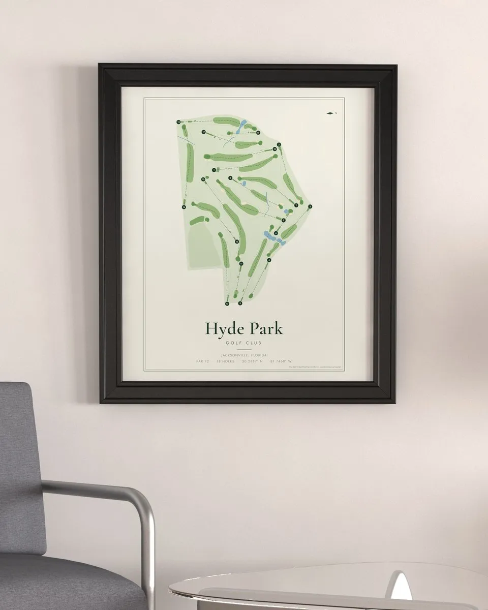 Hyde Park Golf Club golf course map print framed on a wall