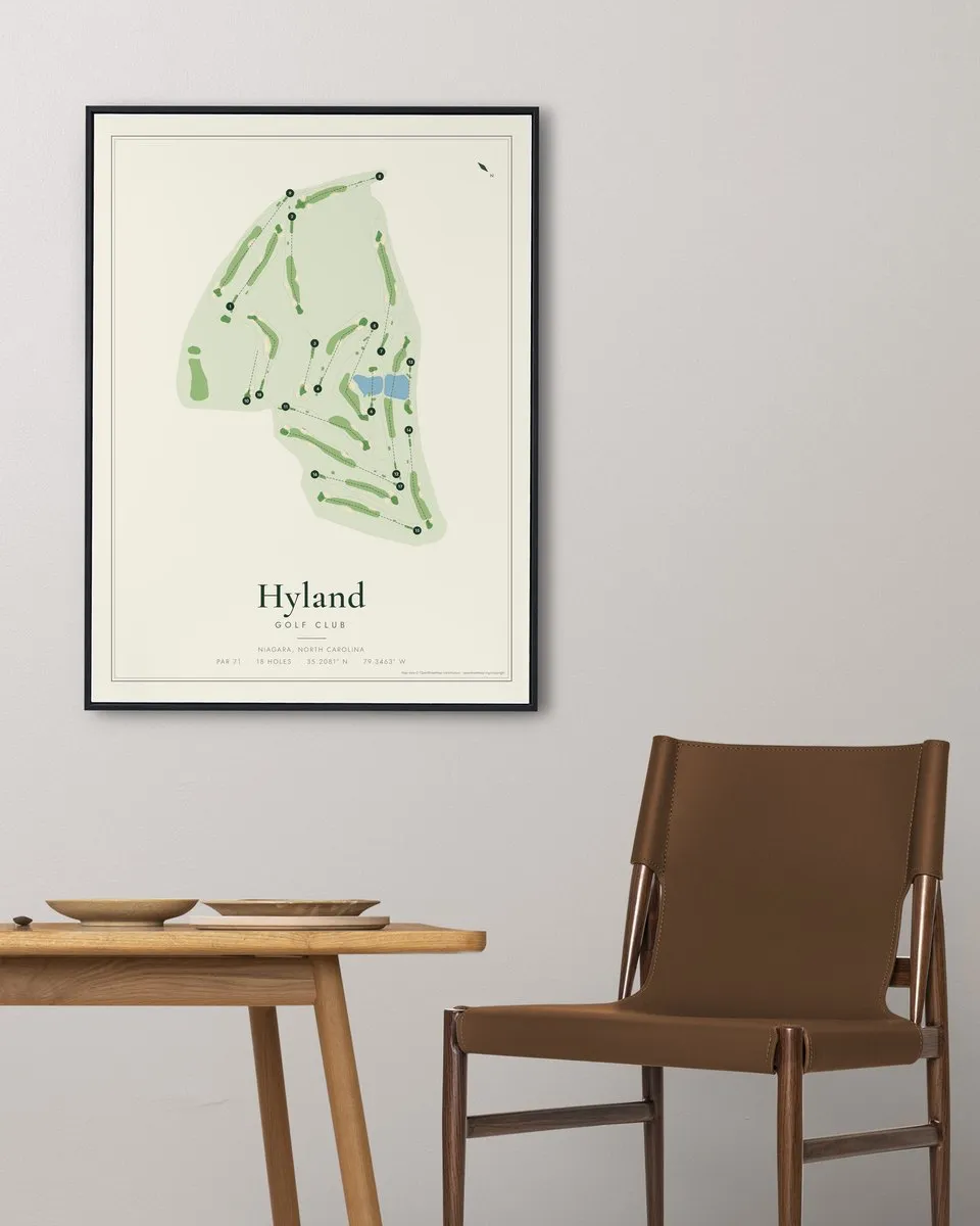 Hyland Golf Club golf course map print framed on a wall