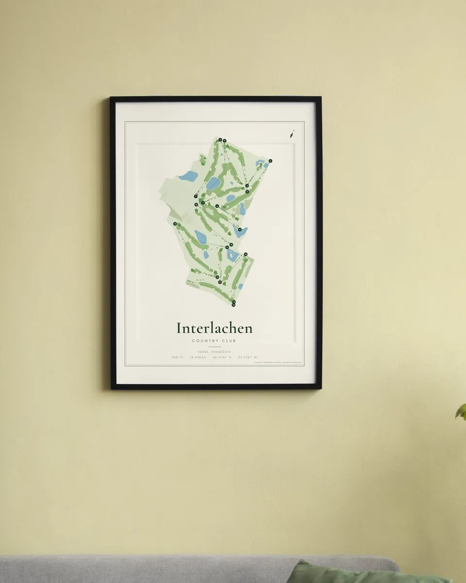 Interlachen Country Club golf course map print framed on a wall