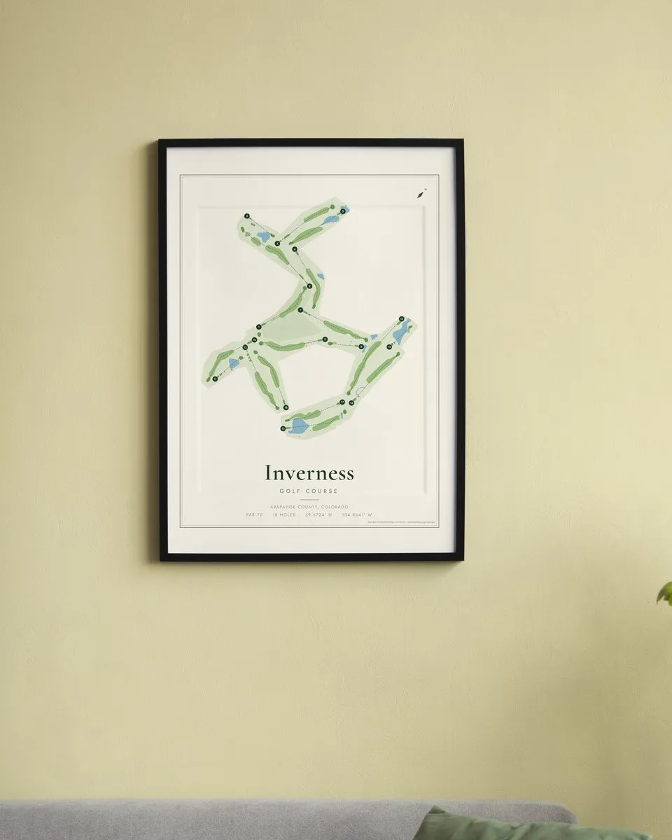 Inverness Golf Course golf course map print framed on a wall