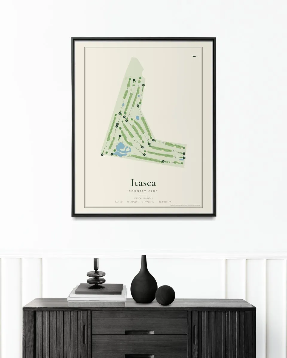Itasca Country Club golf course map print framed on a wall